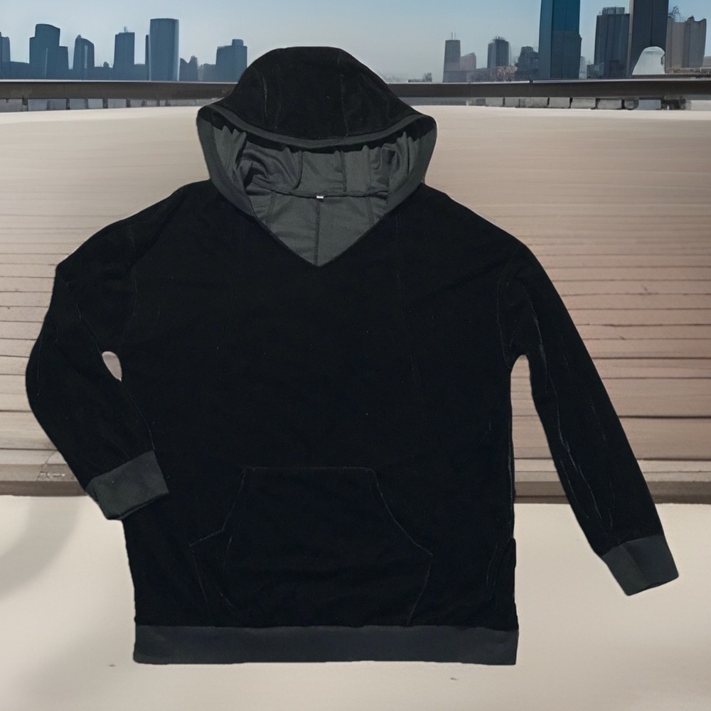 Velour Pullover Hoodie Black Oversized M Fits XL Kangaroo Pocket Fall Winter EUC